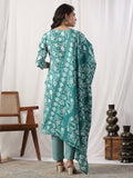 Varanga Women Teal Floral Printed Embroidered Kurta Paired With Chevron Printed Bottom And Dupatta