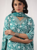 Varanga Women Teal Floral Printed Embroidered Kurta Paired With Chevron Printed Bottom And Dupatta