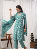 Varanga Women Teal Floral Printed Embroidered Kurta Paired With Chevron Printed Bottom And Dupatta