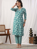 Varanga Women Teal Floral Printed Embroidered Kurta Paired With Chevron Printed Bottom And Dupatta