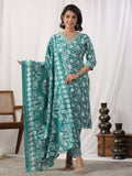 Varanga Women Teal Floral Printed Embroidered Kurta Paired With Chevron Printed Bottom And Dupatta