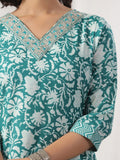 Varanga Women Teal Floral Printed Embroidered Kurta Paired With Chevron Printed Bottom And Dupatta