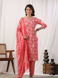 Varanga Women Peach Floral Printed Embroidered Kurta Paired With Chevron Printed Bottom And Dupatta