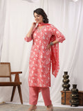 Varanga Women Peach Floral Printed Embroidered Kurta Paired With Chevron Printed Bottom And Dupatta