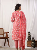 Varanga Women Peach Floral Printed Embroidered Kurta Paired With Chevron Printed Bottom And Dupatta