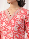 Varanga Women Peach Floral Printed Embroidered Kurta Paired With Chevron Printed Bottom And Dupatta