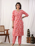 Varanga Women Peach Floral Printed Embroidered Kurta Paired With Chevron Printed Bottom And Dupatta