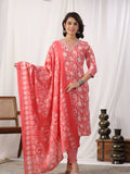 Varanga Women Peach Floral Printed Embroidered Kurta Paired With Chevron Printed Bottom And Dupatta