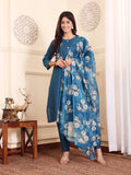 Varanga Women Blue Silk Floral Printed Stones Embellished Kurta Set With Dupatta