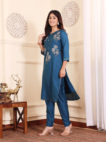 Varanga Women Blue Silk Floral Printed Stones Embellished Kurta Set With Dupatta