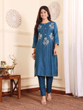 Varanga Women Blue Silk Floral Printed Stones Embellished Kurta Set With Dupatta