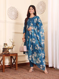 Varanga Women Blue Silk Floral Printed Stones Embellished Kurta Set With Dupatta