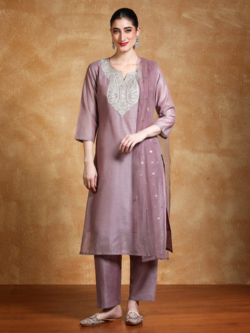 Zari Embroidered yoke Kurta With Trouser & sequins detailed Dupatta