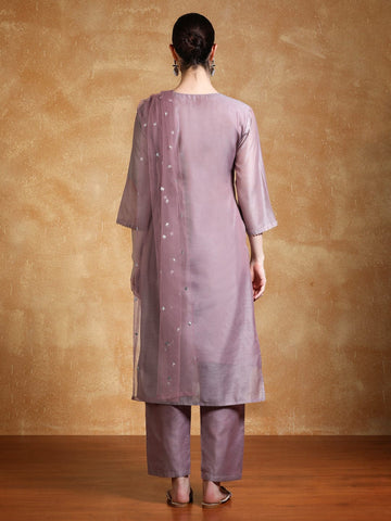 Zari Embroidered yoke Kurta With Trouser & sequins detailed Dupatta