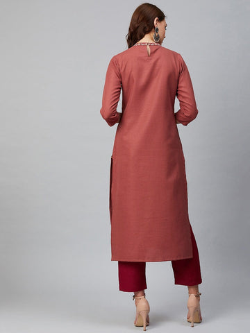 Varanga Women Rust Red & Maroon Yoke Design Kurta with Trousers