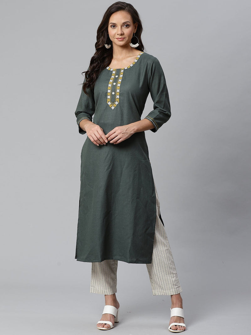 Varanga Women Olive Green & Off-White Solid Kurta with Trousers