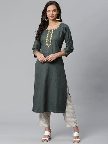 Varanga Women Olive Green & Off-White Solid Kurta with Trousers