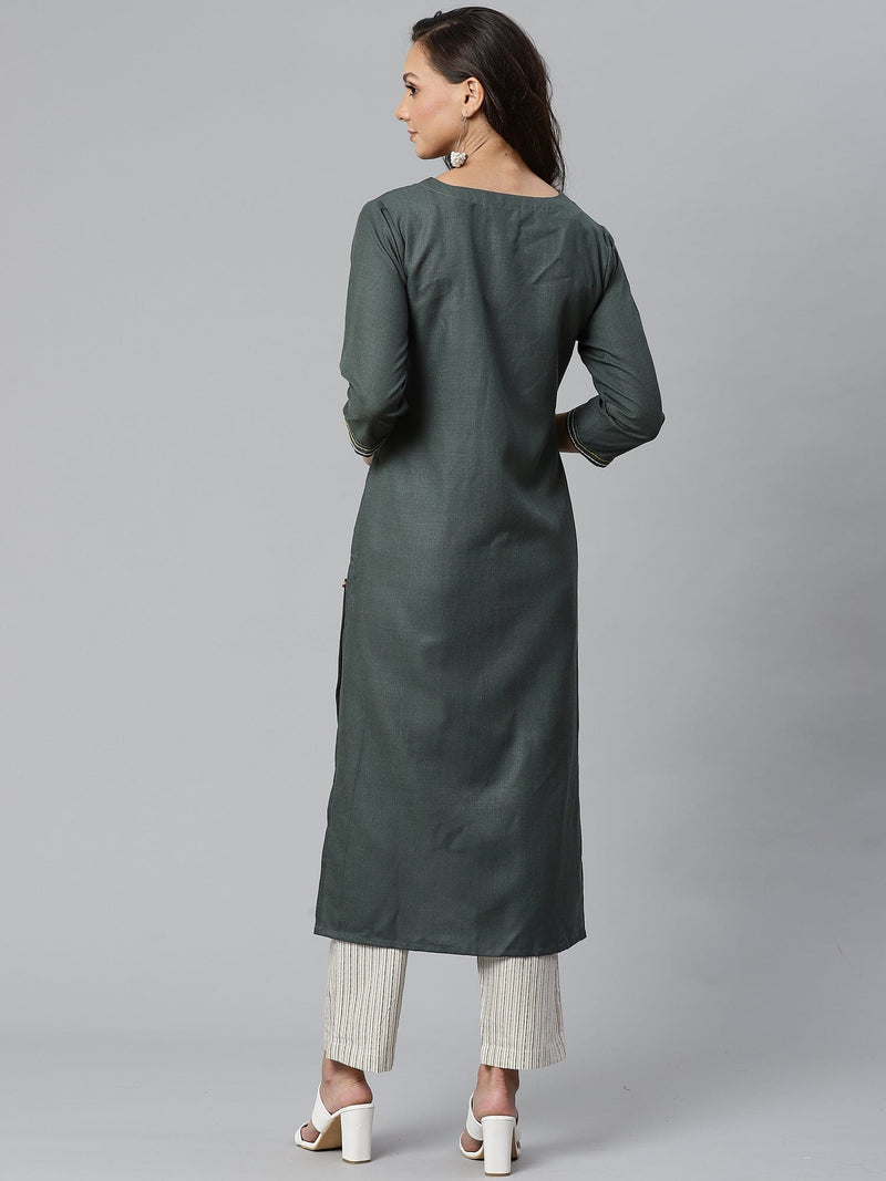 Varanga Women Olive Green & Off-White Solid Kurta with Trousers