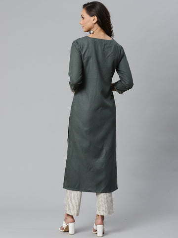 Varanga Women Olive Green & Off-White Solid Kurta with Trousers