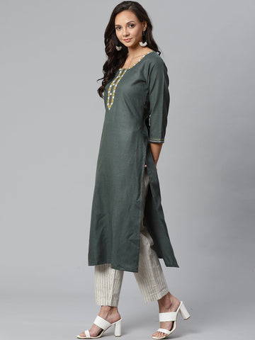 Varanga Women Olive Green & Off-White Solid Kurta with Trousers