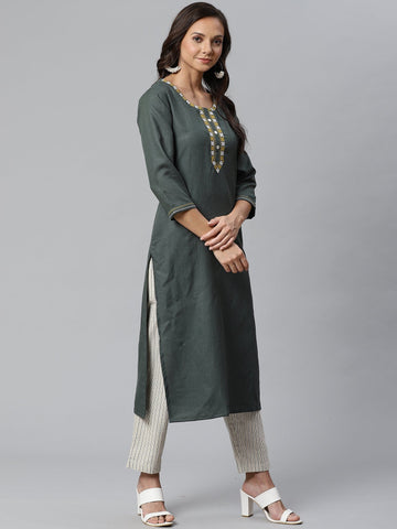 Varanga Women Olive Green & Off-White Solid Kurta with Trousers