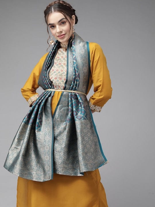 Varanga Mustard Kurta With Mutli Color Woven Yoke And Banarasi Dupatta