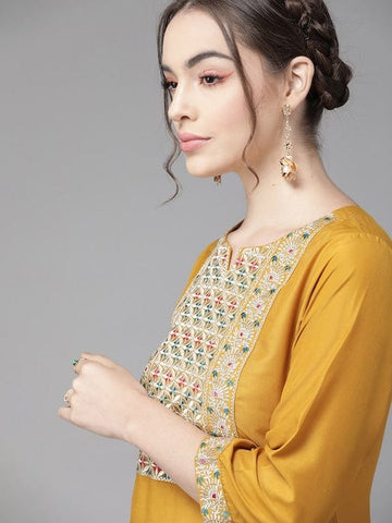 Varanga Mustard Kurta With Mutli Color Woven Yoke And Banarasi Dupatta