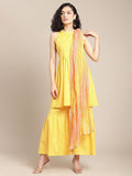 Varanga Yellow bandhej gota embellished kurta sharara set with tye and dye dupatta halter neckline