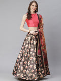 Pink Solid Crop Top With Brown Floral Silk Unstitched Skirt And Digital Printed Dupatta.