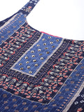 varanga blue color strap style digital printed kurta with printed sharara and net dupatta