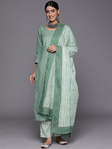 Varanga Women Green Floral Printed Pure Cotton Kurta with Trousers & With Dupatta