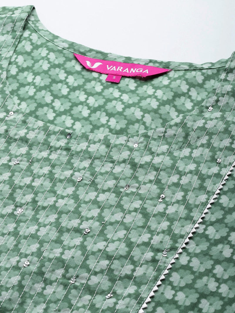 Varanga Women Green Floral Printed Pure Cotton Kurta with Trousers & With Dupatta