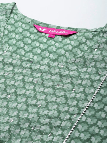Varanga Women Green Floral Printed Pure Cotton Kurta with Trousers & With Dupatta