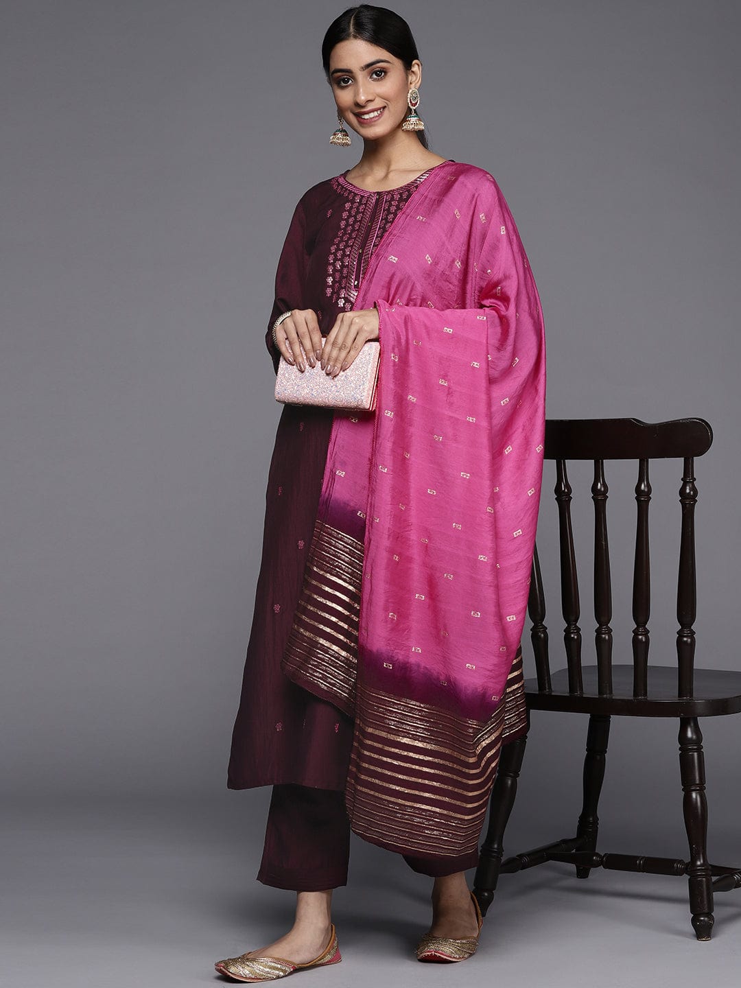 varanga burgundy embroidered kurta with bottom and ombrey dupatta