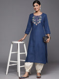 Varanga Blue embroidered straight kurta with round neck