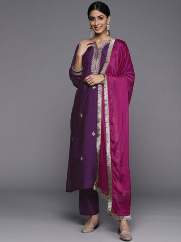 Varanga Purple Kurta With Embroidery Paired With Straight Trouser And Chiffon Dupatta