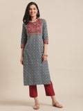 Blue And Maroon Printed Round Neck Straight Kurta With Contrast Printed Yoke And 3/4Th Regular Sleeves