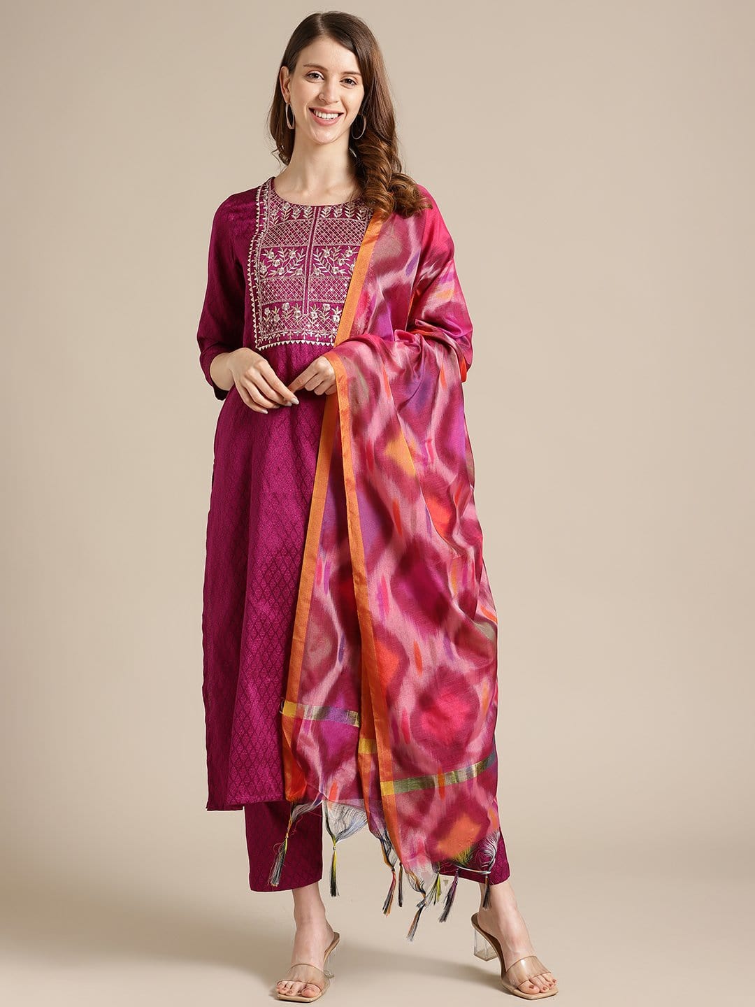 Embellished Nayra Cut Cotton Kurta Set With Trouser & Dupatta