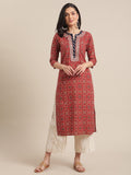 Maroon And Beige Abstract Printed Kurta With Gota Embellished Yoke And 3/4Th Sleeves