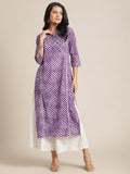 Purple leheriya printed kurta with gota embellished yoke and sleeves.