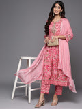 Varanga Women Pink Printed Gotta Patti Pure Cotton Kurta with Trousers & Dupatta