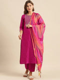 Magenta & Gold-Toned Embroidered Kurta with Trousers & Dupatta