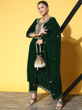varanga women green ethnic motifs embroidered velvet kurta with trousers with dupatta