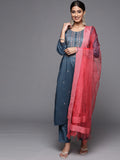 varanga women blue ethnic motifs embroidered thread work kurta with trousers with dupatta