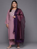 Varanga Women Plus Size Mauve Floral Embroidered Thread Work Kurta with Palazzos & Dupatta