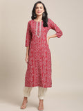 Red And White Round Neckline Bandhani Printed Straight Kurta With Embroidery And 3/4Th Sleeve