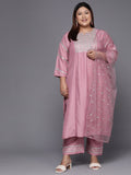 Varanga Women Plus Size Pink Ethnic Motifs Embroidered Mirror Work Kurta with Trousers & Dupatta