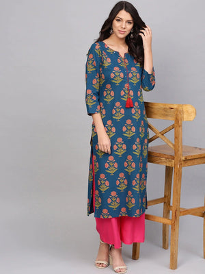 Blue & Peach-Coloured Printed Straight Kurta