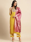 Mustard Yellow & Pink Embroidered Kurta with Trousers & Dupatta