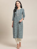 Blue And White Round Neckline Bandhani Printed Straight Kurta With Embroidery And 3/4Th Sleeve